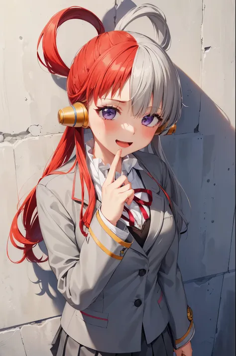 one piece, Song, Red and white hair, (alone:1.3), (one girl:1.3), (Gray blazer:1.3), (Long-sleeved uniforms:1.3), (Gray pleated skirt:1.3), medium-sized chest, blush, smile, open your mouth, highly detailed eyes, highly detailed fingers, super precise hand...
