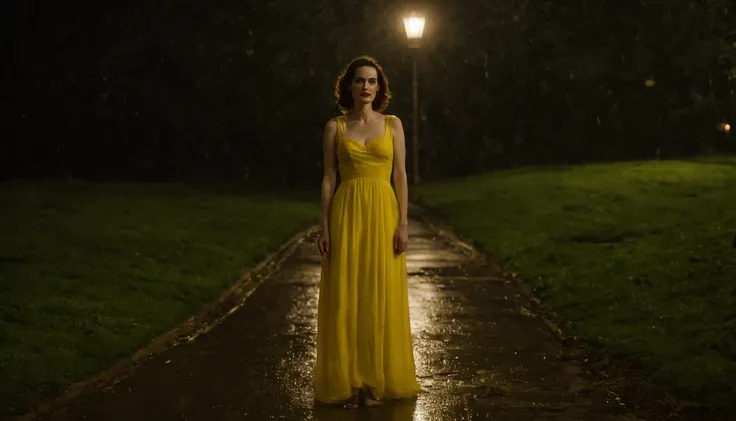 Uma jovem garota da cidade (Winona Ryder), with a long lemon yellow dress, caminhando ruas da cidade a noite, It&o39;It&#39;s raining and there&39;There&#39;s beautiful moonlight in the sky.