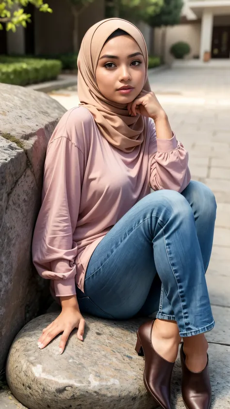 RAW, Best quality, high resolution, masterpiece: 1.3),  beautiful Malay woman in hijab :0.8), beautifull face, perfect fit body, big eyes, glossy lips,big breast, muslim woman sitting on a stone ledge with her arms up, casual pose, blouse, baggy jeans, cas...