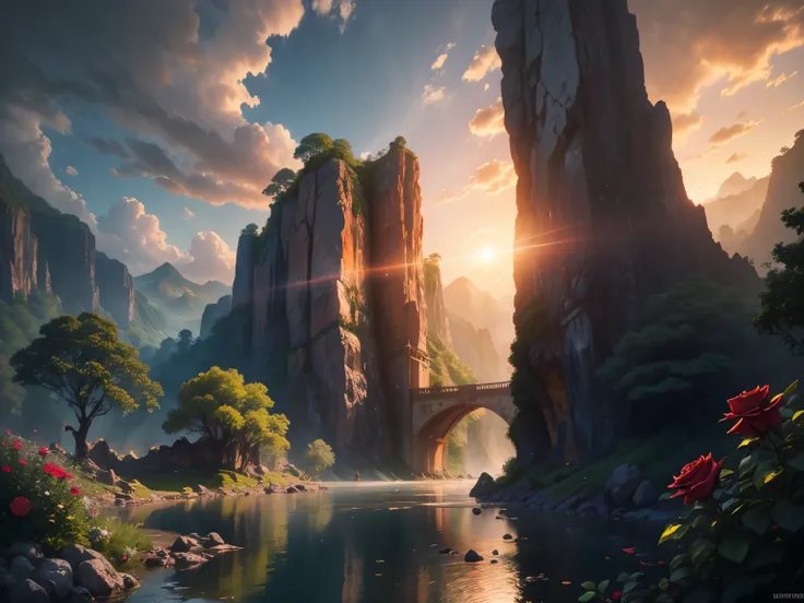 There is a large waterfall in the middle of a mountain, ((ancient city embedded in rock)), epic matte painting of an island, the lost city in the jungle, an Aztec city on an island lake, intricate and beautiful concept art, highly realistic concept art oil...