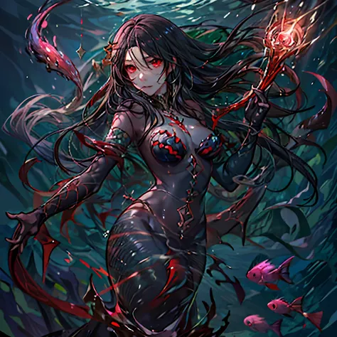 high details, best quality, 16k, [ultra detailed], masterpiece, best quality, (extremely detailed), full body, ultra wide shot, RAW, photorealistic, dark fantasy art, dnd art, rpg art, realistic art, an ultra wide picture of a vampiric mermaid (1.5 intrica...