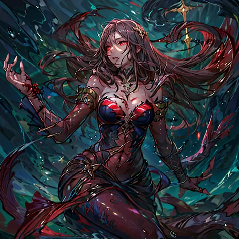 high details, best quality, 16k, [ultra detailed], masterpiece, best quality, (extremely detailed), full body, ultra wide shot, RAW, photorealistic, dark fantasy art, dnd art, rpg art, realistic art, an ultra wide picture of a vampiric mermaid (1.5 intrica...