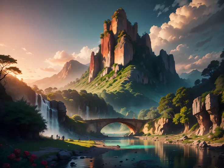 there is a large waterfall in the middle of a mountain, ((ancient city embedded in rock)), epic matte painting of an island, the...