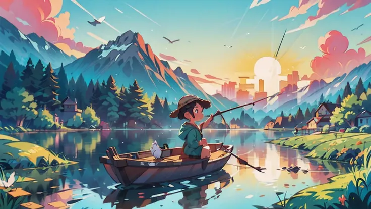 picturesque lake，Surrounded by mountains, As the sun sets, a group of birds flying across the sky, and a fisherman wearing a straw raincoat fishing from a small boat. masterpiece, best quality, 4K, nature, landscape, Sunset, birds, fisherman, Detailed envi...