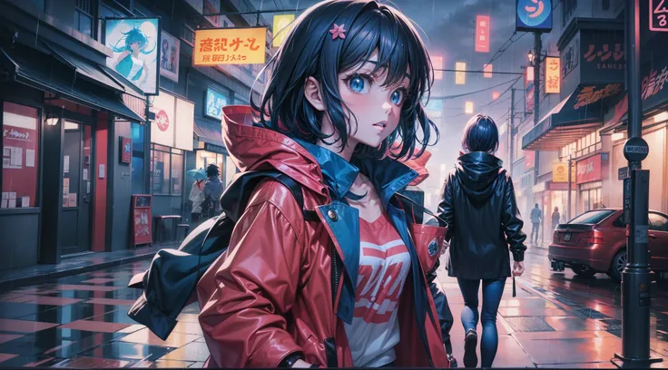  anime walking down the street in the rain at night,, in the art style of 80s anime, the anime girl is running, Ramona Flores,  cosmic, estilo de anime4 K, 8 0 s estilo de arte anime, Praise the artistic style, fanart oficial, anime-style illustration