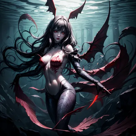 high details, best quality, 16k, [ultra detailed], masterpiece, best quality, (extremely detailed), full body, ultra wide shot, RAW, photorealistic, dark fantasy art, dnd art, rpg art, realistic art, an ultra wide picture of a vampiric mermaid (1.5 intrica...