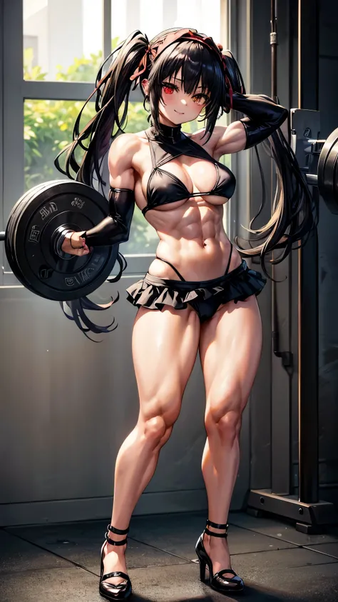 1 girl, Bare shoulders, Black hair, medium breasts, (muscular legs), bare legs, muscular belly, thin waist, (((clock eyes))), (wearing a very short and sexy bikini), (((In Gym Weightlifting))), full body photo, hair bow, (standing), heterochromia, black hi...