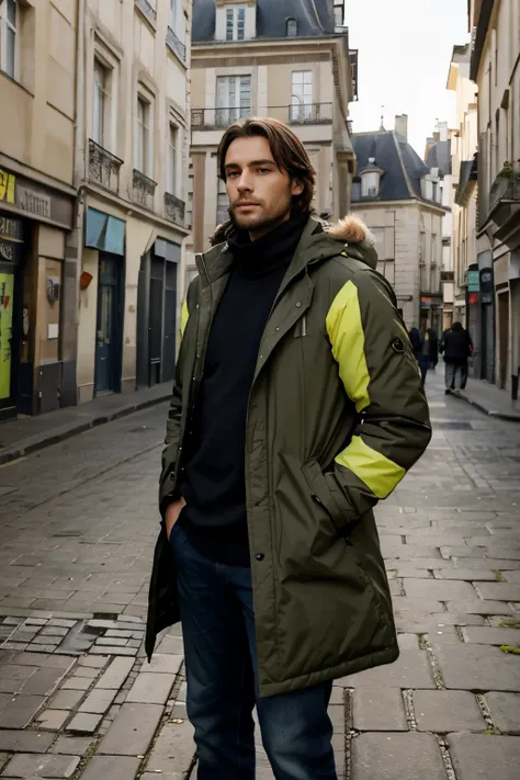 Photo dune homme grand et mince dans une rue de Nantes, portant une parka verte. Cheveux courts et châtain 