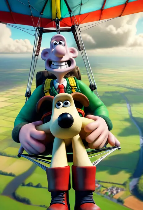 1boy and 1dog, friends, hang gliding, 3d (artwork), smile, male focus, boots, drooped ears, sky, cloud, grin, crossover, overcast, earth below, field, bald, red necktie, glistening nose, shadow, green vest, pants