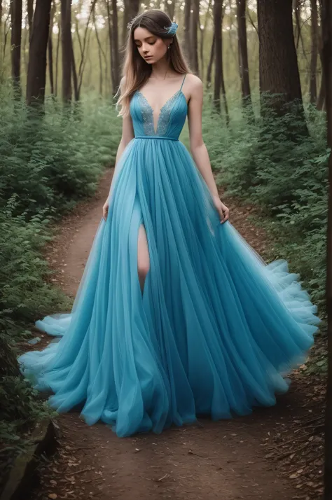 a woman wears a blue dress through the woods, in the style of majestic romanticism, gray and aquamarine, hauntingly beautiful, taras loboda, i cant believe how beautiful this is, romantic and nostalgic themes, fanciful romanticism --ar 69:64