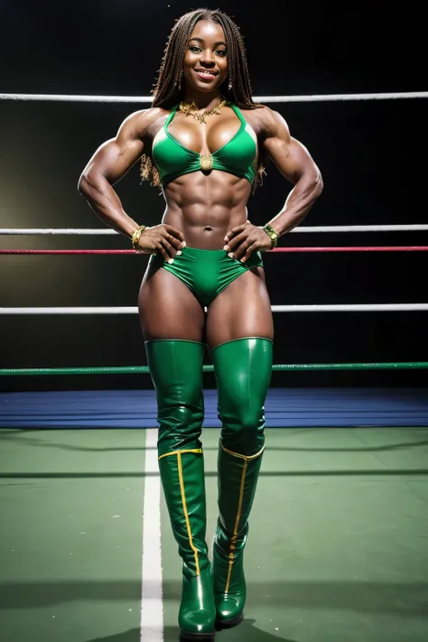 muscular african female bodybuilder、Green bra top、Green shorts、Green knee-high boots、standing on a professional wrestling ring