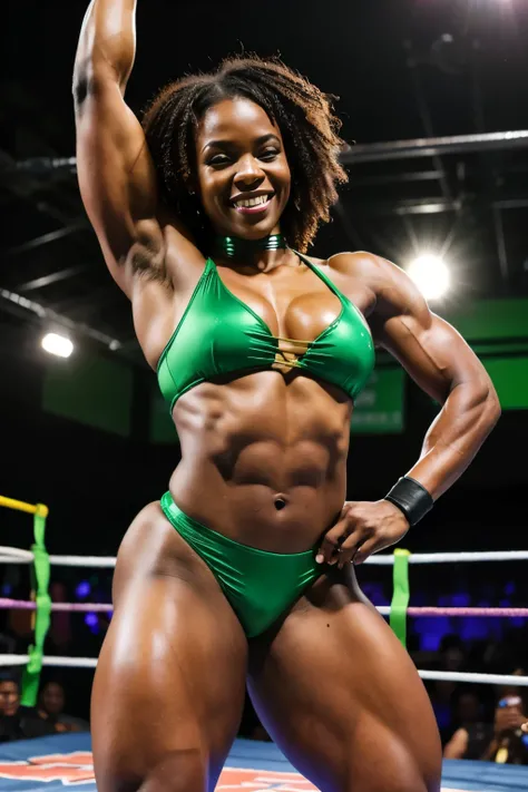 muscular african female bodybuilder、Green bra top、Green shorts、Green knee-high boots、standing on a professional wrestling ring