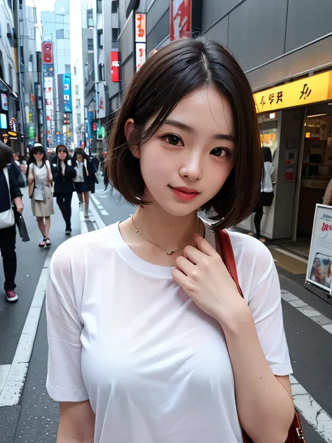 1 woman, tokyo streets, cityscape, upper body, 8 thousand, RAW photos, best quality, masterpiece, really, photoreallyistic, laugh,  Uniform, cute,