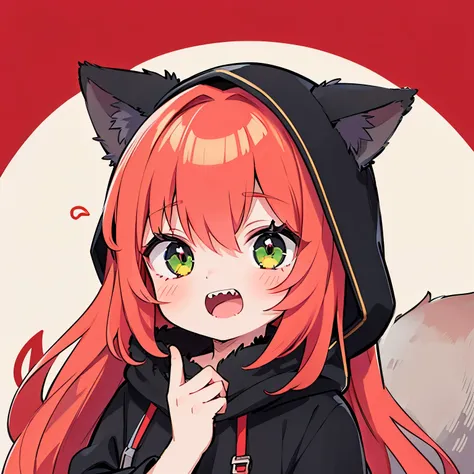 1girl, solo, long red hair, green eyes with vertical pupil, fox ears, long black coat, black fur hood, red fox tail, vertical scar, right eye obscured, expression, sharp teeth