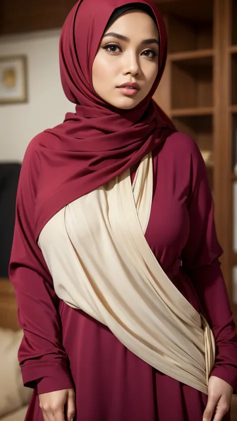 RAW, Best quality, high resolution, masterpiece: 1.3), beautiful Malay woman in hijab :0.8), beautiful face, fit body, big eyes, shiny lips,(big breasts),thick thighs, woman in red jacket and , maroon, hijab , long layered clothing, maroon, magenta, in ric...