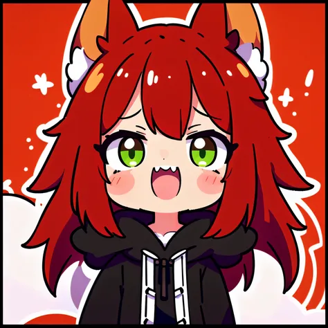 1girl, solo, long hair, (red hair, green eyes with vertical pupil), fox ears, long black coat, black fur hood, red fox tail, ver...