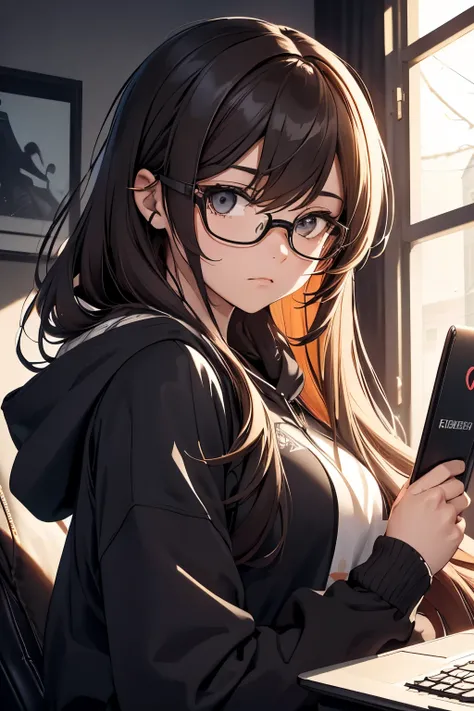 Create an engaging portrait of a gamer girl, her long brown hair cascading down her back in soft waves, framing her face as she peers intently through the lenses of her glasses. She is comfortably clad in a black hoodie, the fabric stretched taut over her ...