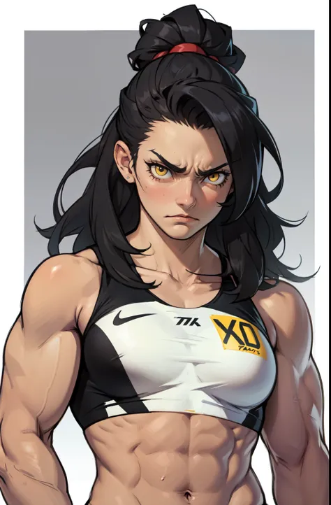 athletic girl muscular girl toned body girl sad frown black hair yellow eyes