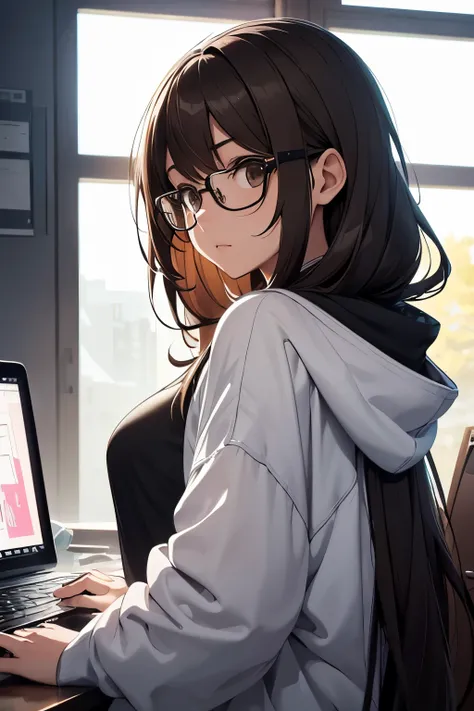 Create an engaging portrait of a gamer girl, her long brown hair cascading down her back in soft waves, framing her face as she peers intently through the lenses of her glasses. She is comfortably clad in a black hoodie, the fabric stretched taut over her ...