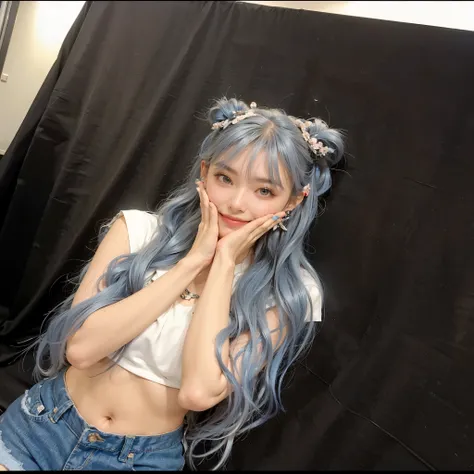 Blue haired arafed woman posing for a photo, Ulzzang, sakimichan, Belle Delphine, silver hair (ponytail), Larisa Manobar, hair whitebangs hair, e girl, e-girl, long white hair and bangs, sky blue straight hair, With bangs, with full bangs, Blue gray, shika...