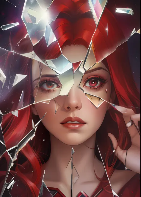 a close up of a woman with a broken mirror on her face, artist unknown, jean grey, seen through broken glass, movie artwork, fanart, by Amelia Peláez, scarlet witch, broken mirrors composition, by Galen Dara, shattered, by Gavin Nolan, cover shot, sad chri...