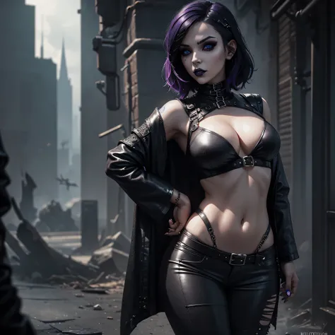 1 girl, heavy goth makeup, fantasy character, cyberpunk horror, dark fantasy, navel, gothic mage, leather cropped top, leather pants, sensual