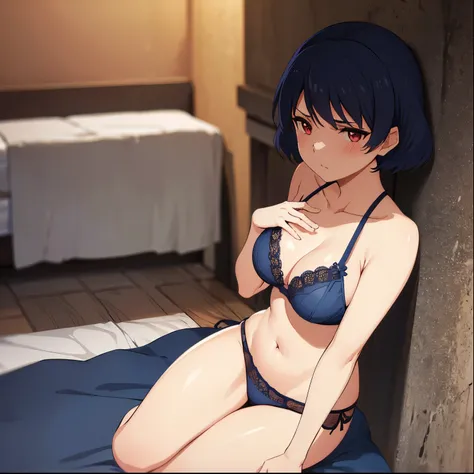 1 girl, alone, Rui Tachibana, short hair, dark blue hair, red eyes, embarrassed, seductive, serious expression, navy blue bra with black lace, navy blue thong with black lace, large breasts, medium waist, wide hips, medium thighs ,masterpiece, leaning on t...