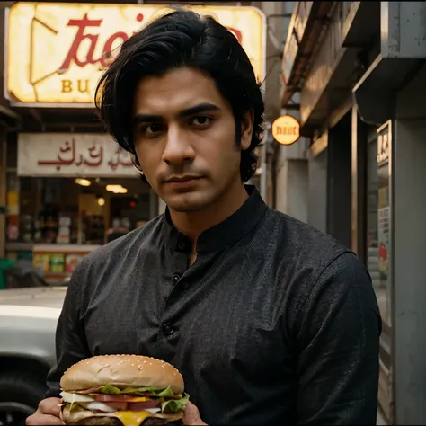 black hair, Groom hair, Burger style hair, Surrealism, Casual, Pakistani, 8k, super detail, Cinematic, Movie cinematic