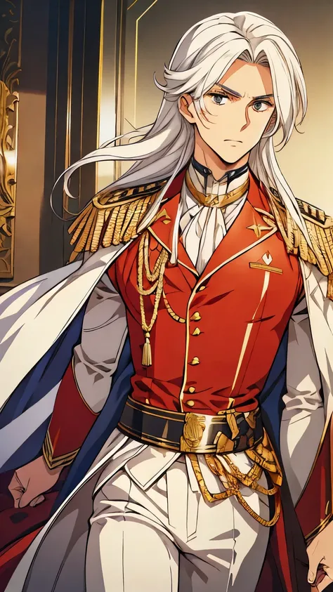 Handsome guy, long white hair, Fantasy uniform, officer, sword on the belt, ultra-detailed, masterpiece