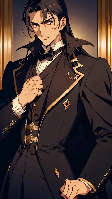 Handsome guy villain, Black hair, Fantasy black frock coat Victorian era, treacherous count, ultra-detailed, masterpiece