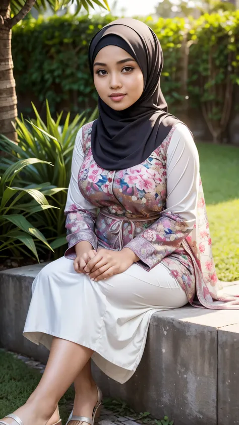 RAW, Best quality, high resolution, masterpiece: 1.3), beautiful Malay woman in hijab,Masterpiece, perfect  fit body, big breast, biggorgeous eyes, Soft smile,thick thighs,Malay girl in hijab wear small floral baju kurung malaysia in college,sitting in gar...