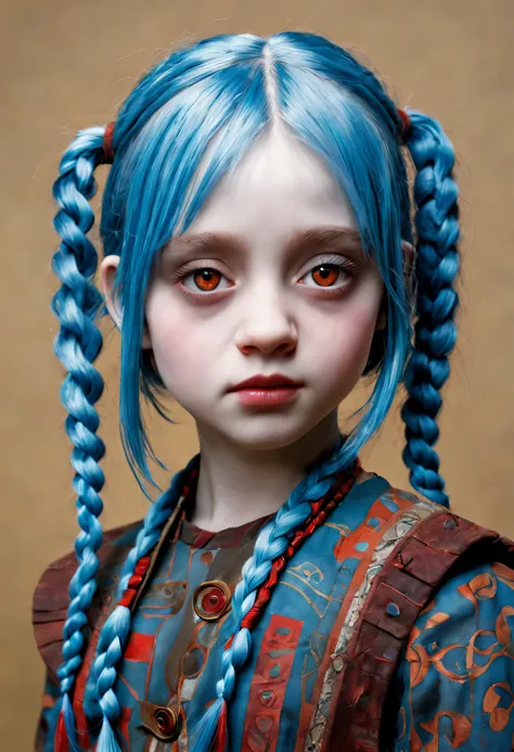 entwining portrait of Sabina a young girl, (blue hair in braids:1. 2) , tilt shift shot, airbrush art, (red eyes:1. 2) , symmetrical face, accurate anatomy, gossamer, ultra-fine details, sharp focus, swirling gouache, resin drip ( by tim burton, mark ryden...