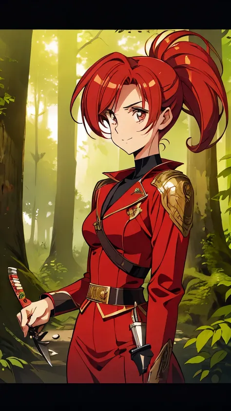 lovely young lady, daring, energetic, red lush hair combed into a ponytail, bandit, in dynamics, smiles widely, robber clothes, ...