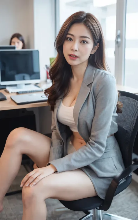 ((Best Quality, 8k, Masterpiece, Portrait: 1.3)), (looking at viewer),Photorealistic, Sharp Focus, glare, beautiful Japan Office Lady, gray blazer, white shirt, Clothes with big Cleavage View, 35 Years Old, Wavy Hair, ((double eyelid, eyelash, lip gloss)),...