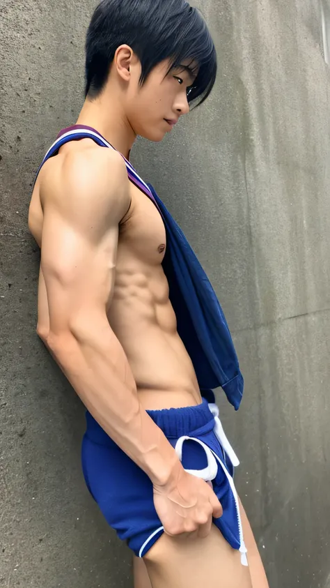 japanese teen muscular boy　leaning forward