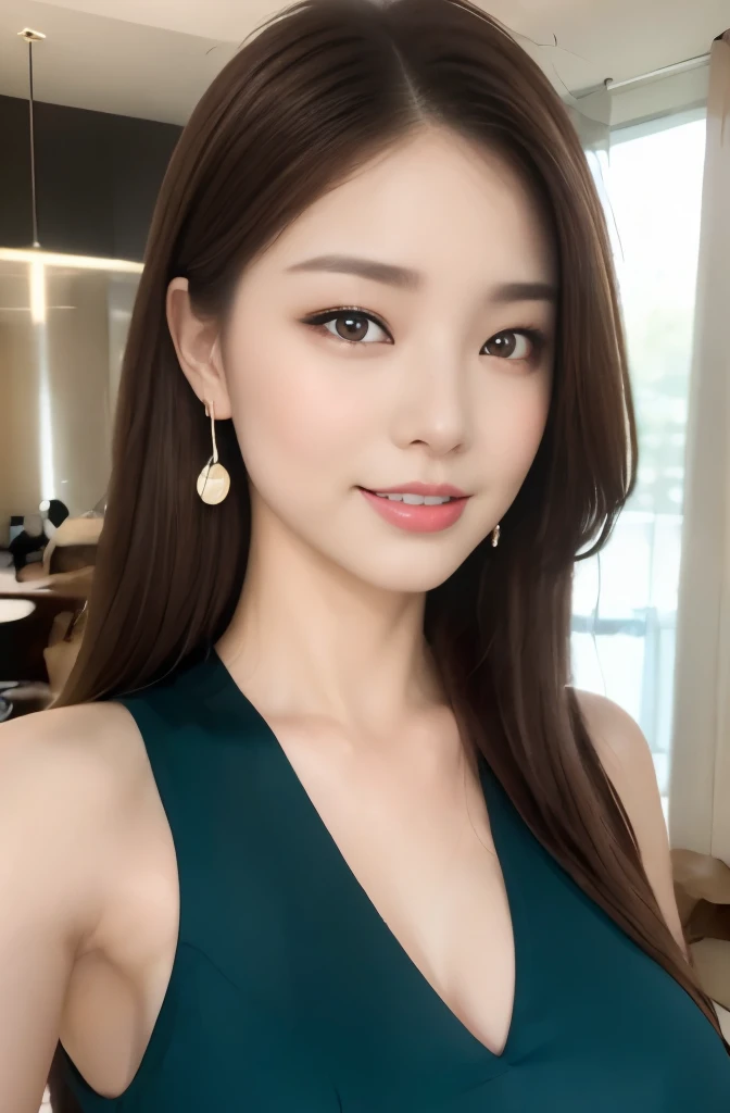 (24 year old lover), (big breasts:1.3),   Cafe、Green Sleeveless High Neck Dress、(masterpiece: 1.3), (maximum resolution: 1.4), (Super high quality: 1.2), cinematic light, Super high quality,My cheeks turned red:1.2、 (beautiful eyes and skin), (detailed fac...