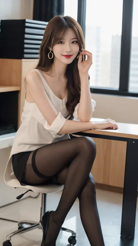 beautiful japanese woman，Photos taken by a professional photographer，Fancy makeup with red eyeshadow，double eyelid，The best smile，Delicate brown hair with short cut and side waves，big ring earrings，elegant legs，Wearing black high heels，long and thin legs, ...