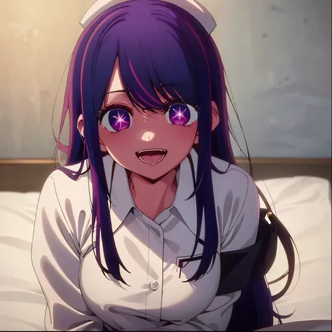 1girl,alone, ai hoshino,nurses ((There is a five-pointed star in the eye)) Beautiful long purple hair, smile, open mouth, nurses, hospitals, white nurse clothes, white nurse hat, looks at viewer, blood