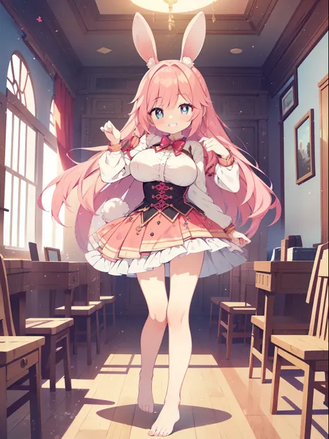 (one rabbit girl:1.2), (alone:1.2),(10 year old girl)、young girl、big breasts、 table top, nffsw、shader、highly detailed eyes、pink hair、silky hair、ultra-intricate pupil in eyes、highest quality、bright colors、Bust 100、Standing picture of the game、Pose to emphas...