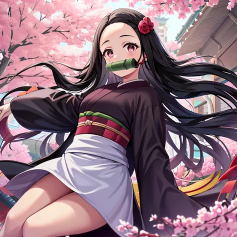 Kamado Nezuko, Bit gag, bâillonné, 1 fille dans, Un brun, Bouche fermée, front, ruban à cheveux, commun, kimono, Le poil long, Les cheveux noir et rouge , yeux roses, kimono rose, ongles roses, Ruban rose, ruban arc, fond simple, un sourire, solo, Cheveux ...