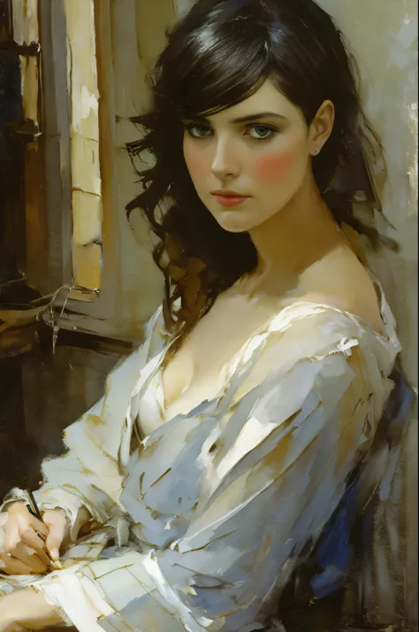 painting of woman, with influence of Jeremy Mann, Jeremy Mann, style of Jeremy Mann, Jeremy Mann painting, Jeremy Mann art, Ron Hicks, Liepke, Jeremy Mann and alphonse mucha, Works that influenced Edmund Blampid, robert lenkiewicz, Casey Baugh and James Je...