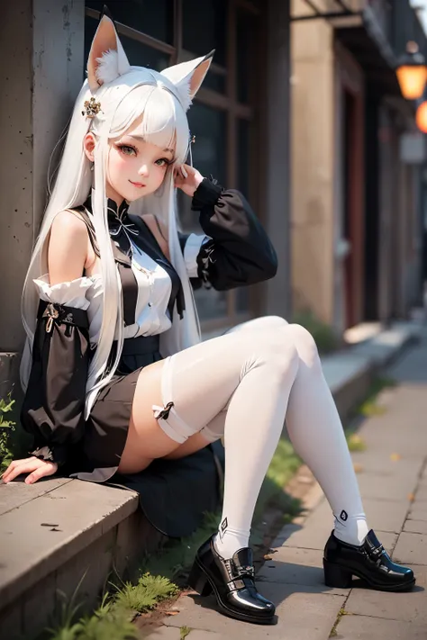 A girl with impressive white hair、Fox ears and tail、Hair Ornament、Black pantyhose、No sleeve、smile、cute shoes with accessories