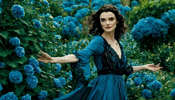 em um jardim perfumado, the blind woman (rachel weisz), (22 anos), com um vestido longo azul claro com detalhes em preto, is sta...