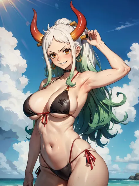 Micro bikini，One woman，one piece,Yamato，Yamato，swimsuit，white hair, green hair, red horns, big breasts, (very blushing), smile