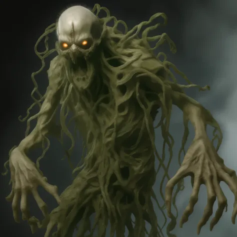 (masterpiece), (ultra-detailed), (masterpiece), (best-quality), (ultra-detailed), zombified, humanoid, tendrils, gapping maw, hollow eyes, clawed fingers, decaying flesh, full body, arms and legs,