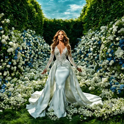 em um jardim perfumado, the blind woman (jennifer lopez), (28 anos), com um vestido longo vinho claro com detalhes em branco, is...