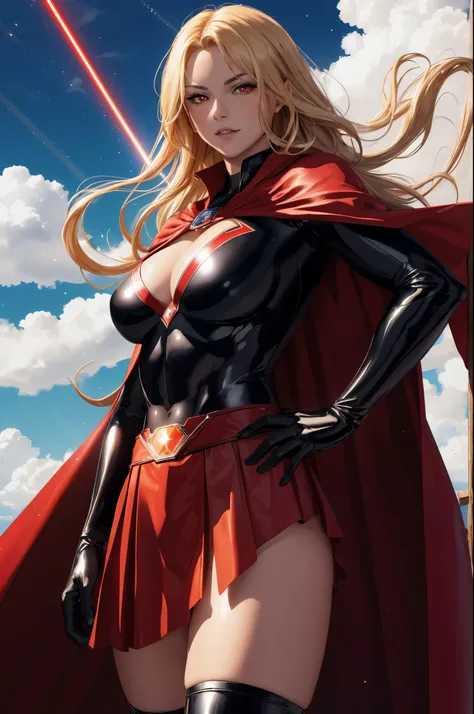 nijistyle, cowboy shot of beautiful lady in black superman costume, long blonde hair, heroic, glowing red eyes, laser eyes, cape, particles, clouds, sky, red skirt, red boots, sexy pose