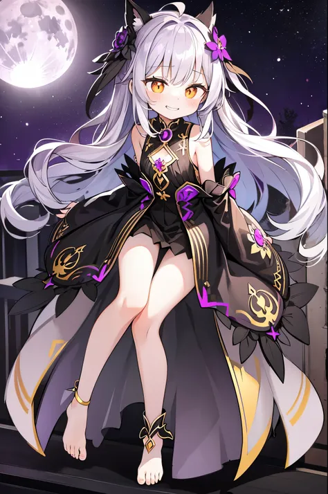 full moon motif、Crow motif、(long silver hair、had orange eyes、Image color purple girl):1.2、black dress、golden embroidery、long skirt、grin and laugh、short、narrow shoulders、blush、Full body photo