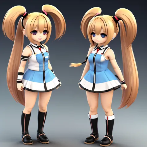 best quality, 32k, (chibi character, super deformed, full body, big head:1.5, 3D), cute girl, ahoge, twin tails