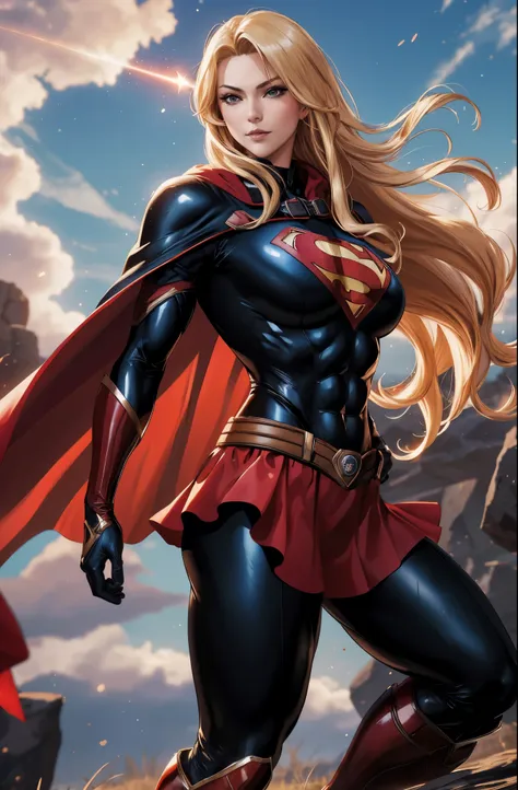 nijistyle, cowboy shot of beautiful lady in black superman costume, long blonde hair, heroic, cape, particles, clouds, sky, red ...